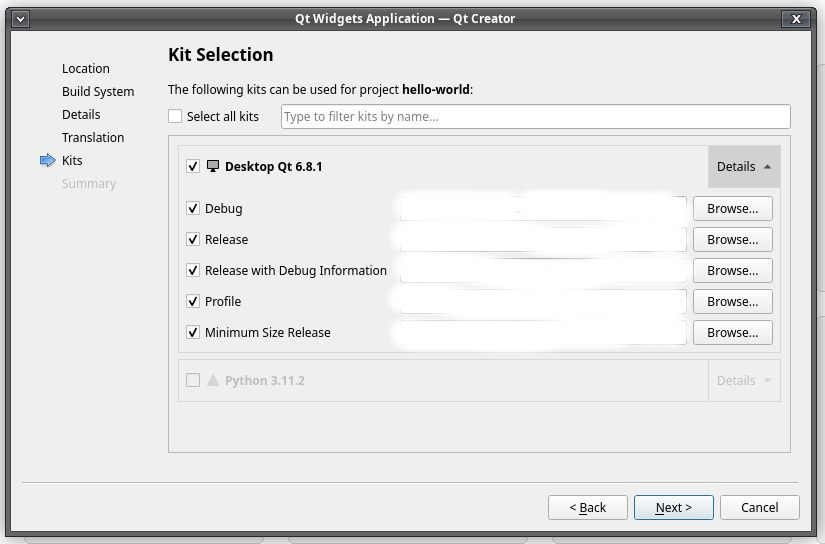 Kit Selection screen, do not modifies the default and click Next